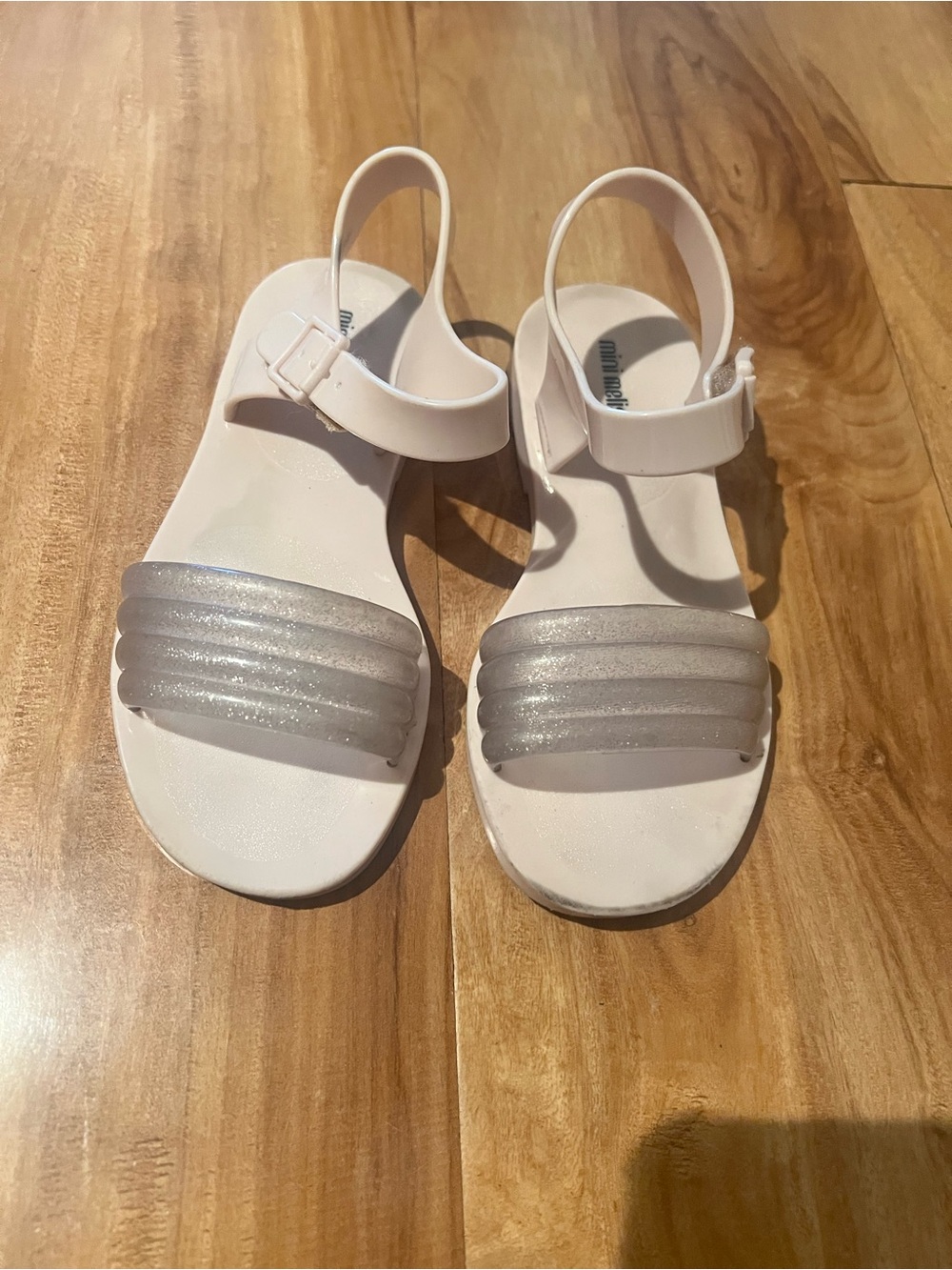 Mini Melissa White Sandals with Silver Glitter Toe Strap